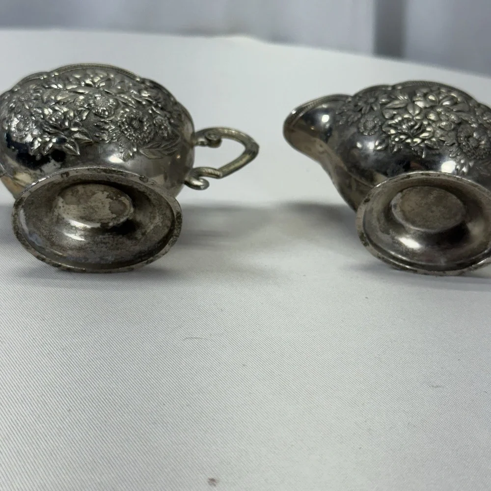 Silver Plated Creamer & Sugar‎ Bowl White Enamel Interior Roses Floral Japan